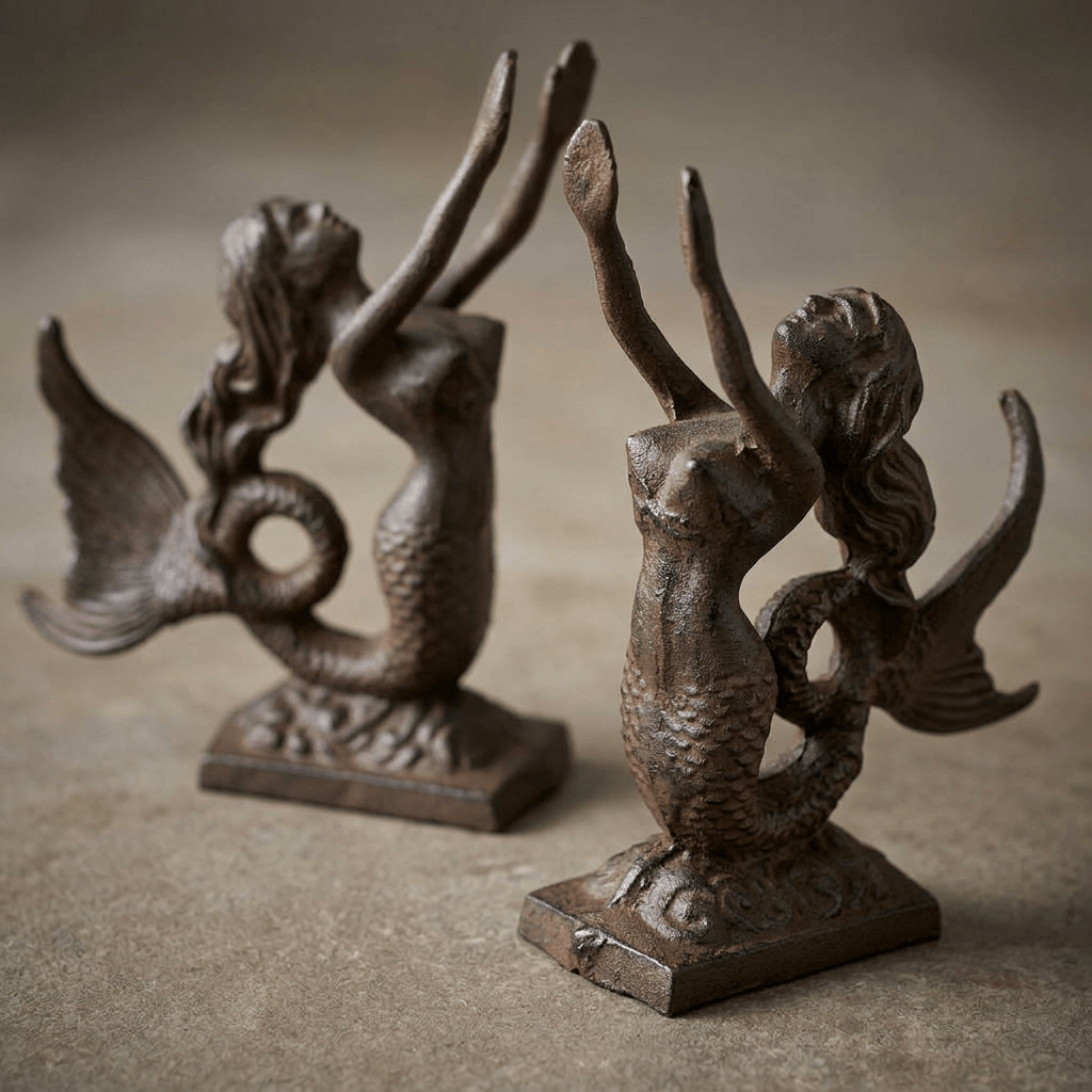Detail of the mermaid sculptures’ flowing hair, fish scales and curled tails