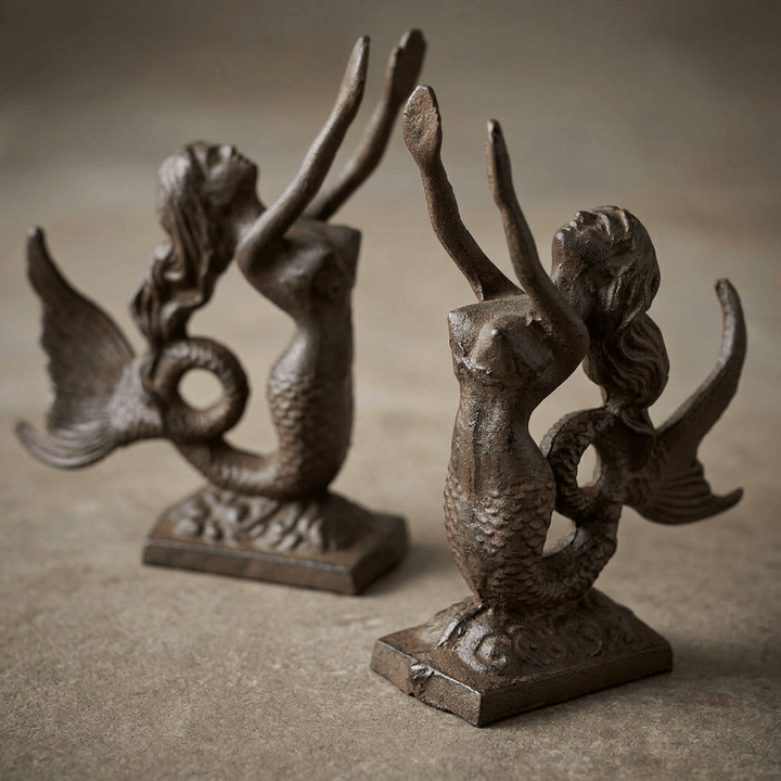 Detail of the mermaid sculptures’ flowing hair, fish scales and curled tails