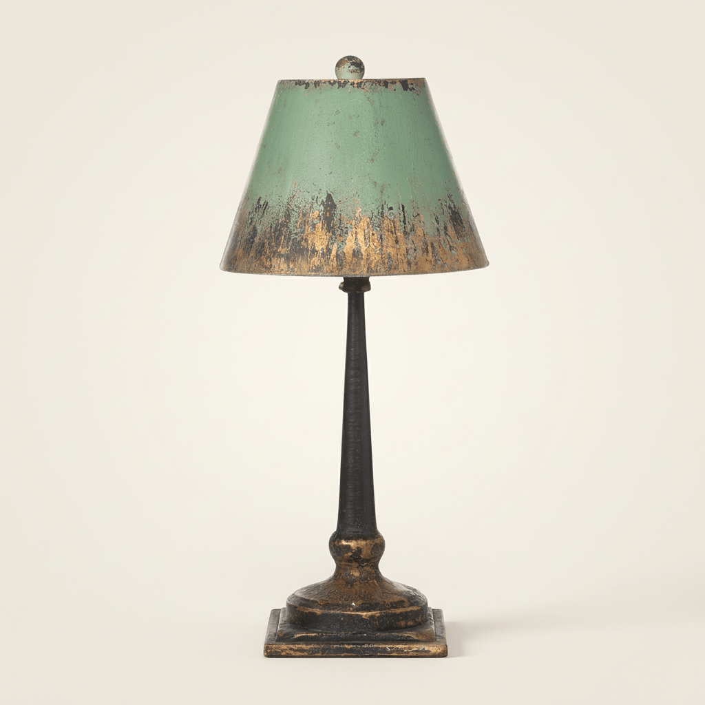 Studio view of Adeline distressed green and gold table lamp on an off-white background