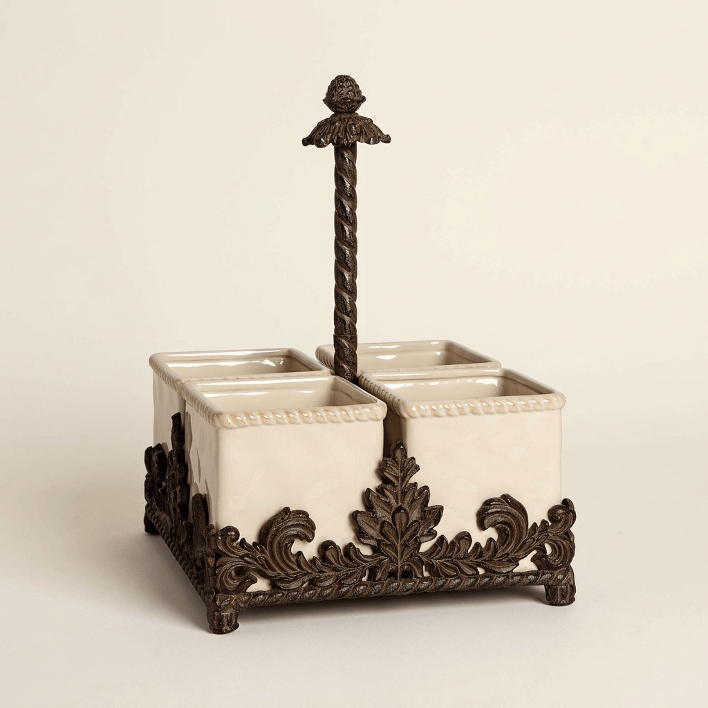 Bellavita flatware caddy with four cream stoneware containers in an ornate dark brown metal base on a neutral backdrop