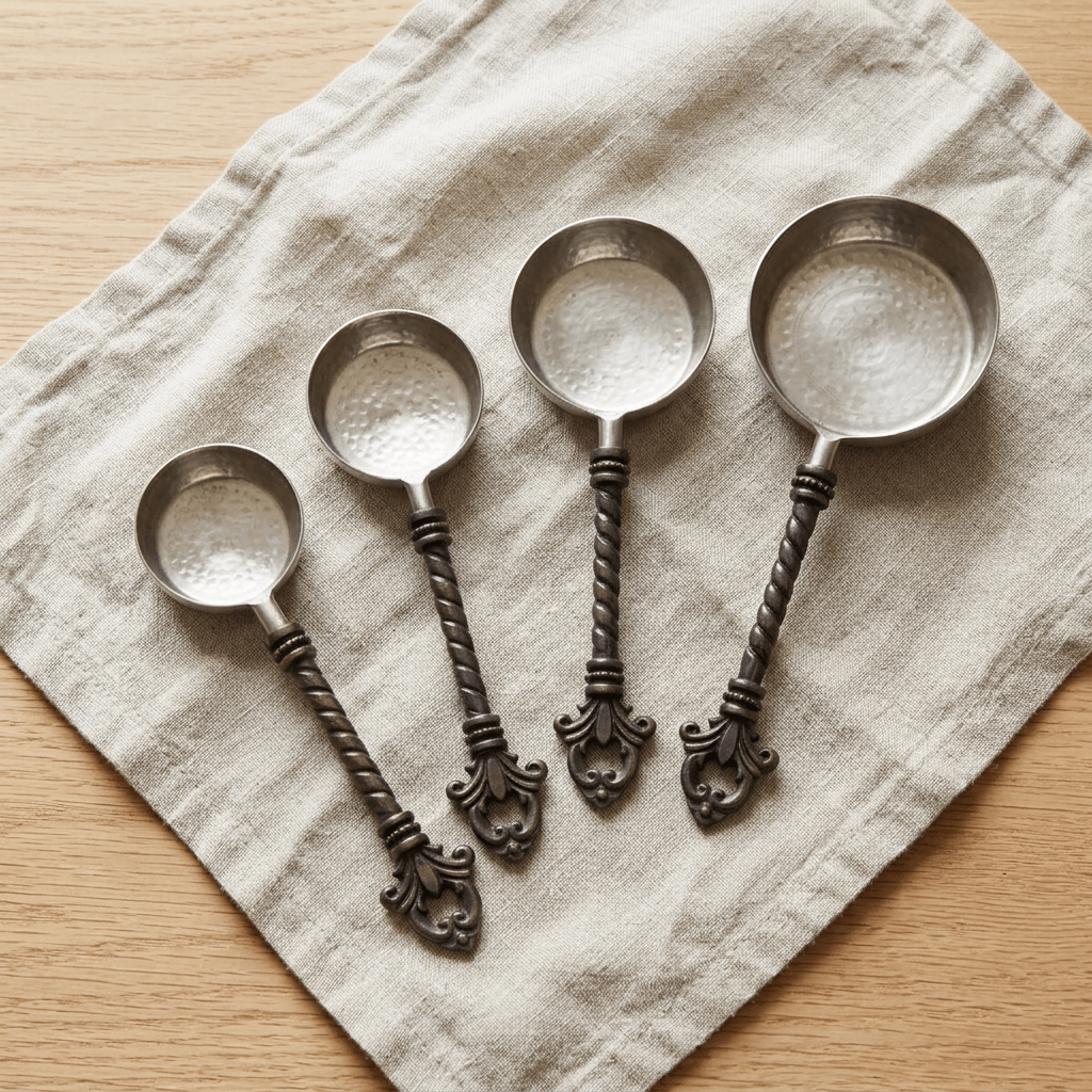 Overhead view of four Bellavita measuring cups arranged on oatmeal linen