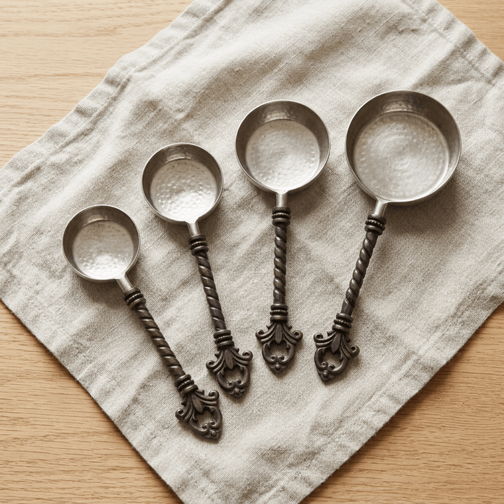 Overhead view of four Bellavita measuring cups arranged on oatmeal linen