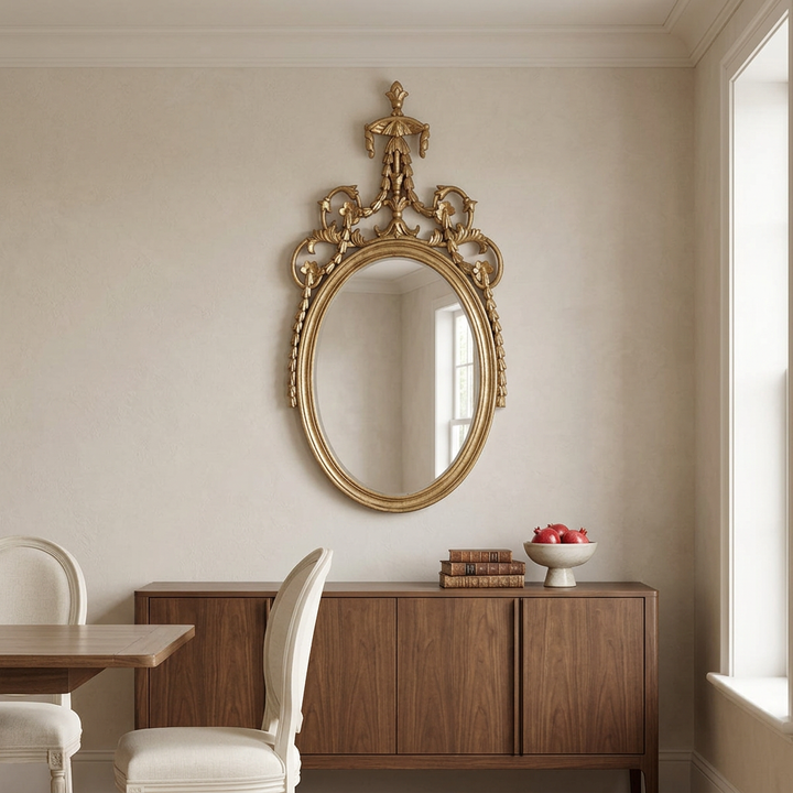 Antoinette Soft Gold Oval Wall Mirror styled above a walnut sideboard beside linen dining chairs in a sunlit dining room.