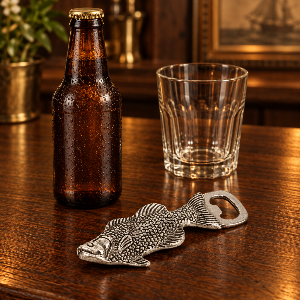 Metal Fish Bottle Opener beside a beer bottle and drinking glass on a home bar