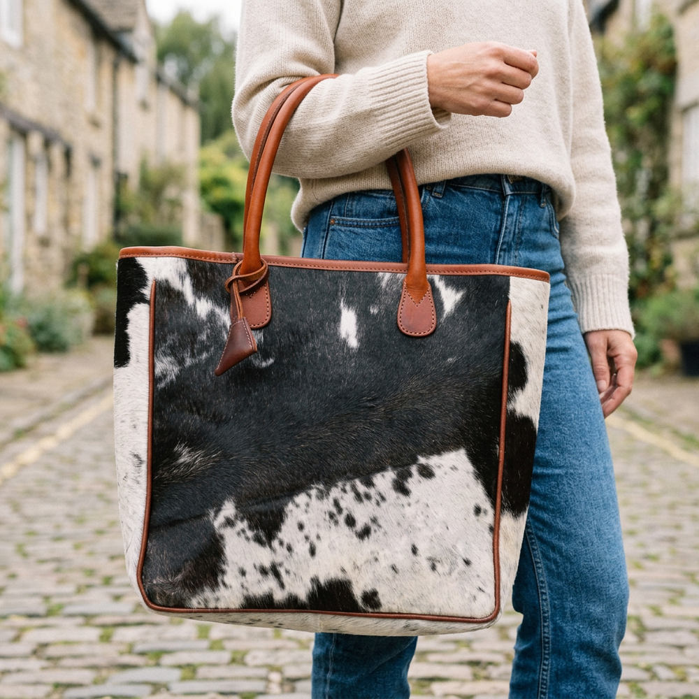 Black and white cowhide tote carried by its cognac leather handles with a cream sweater and jeans.