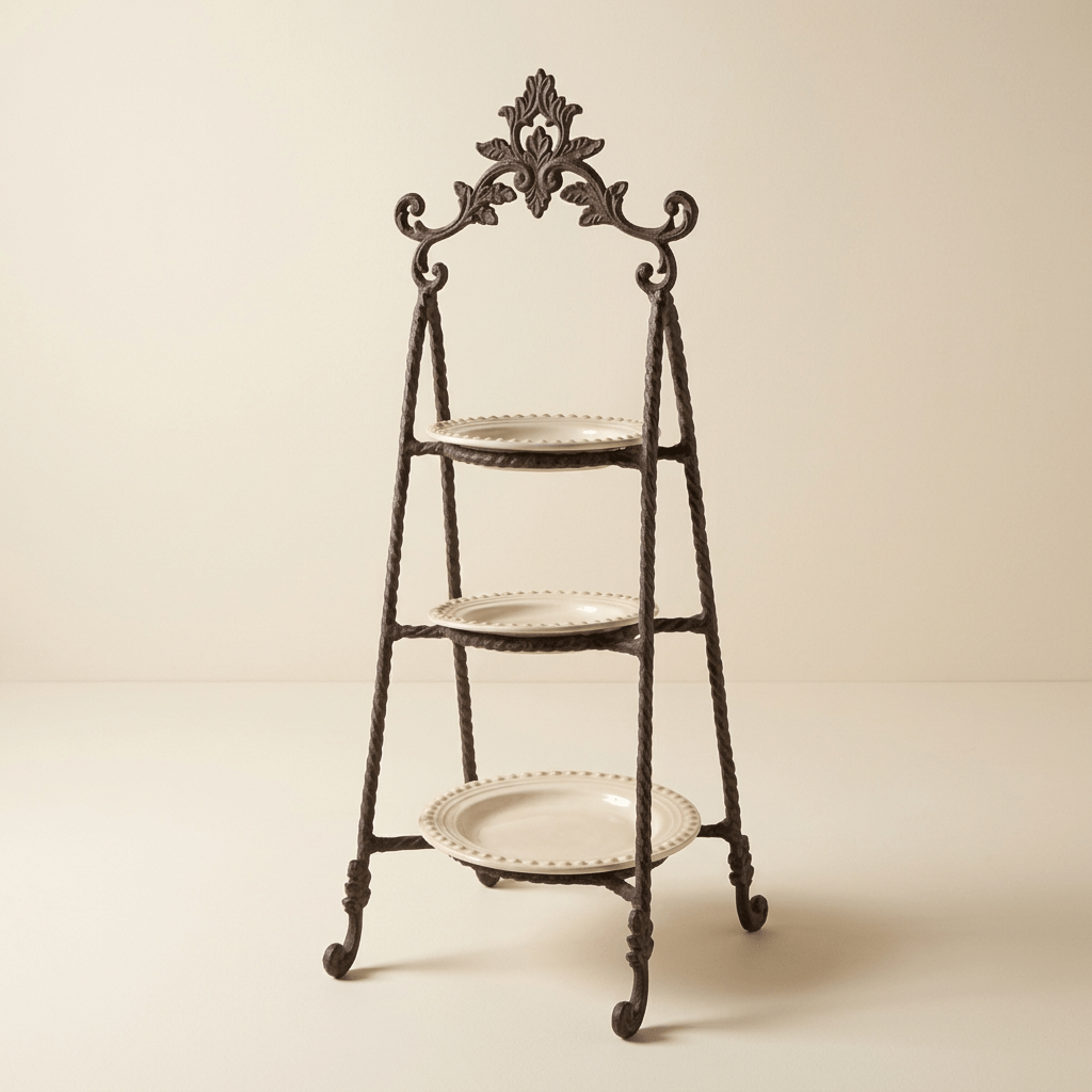 Tall Bellavita three-tier serving stand with cream plates and ornate dark frame on an ivory background