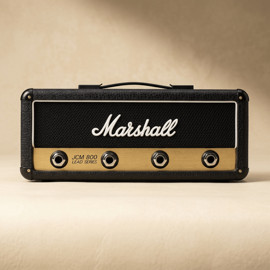 Black and gold Marshall JCM800 Reissue amp key holder with four jack sockets on an ivory background.