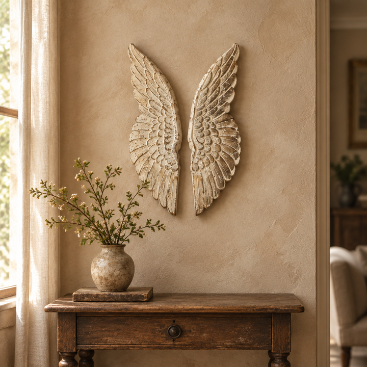 Wooden angel wings styled above a wooden console