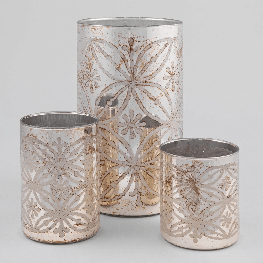 Etched Floral Mercury Glass Candle Holders (Set of 3) grouped on a light gray studio background