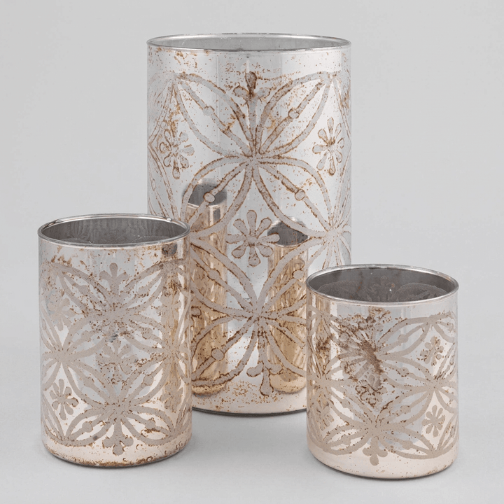 Etched Floral Mercury Glass Candle Holders (Set of 3) grouped on a light gray studio background