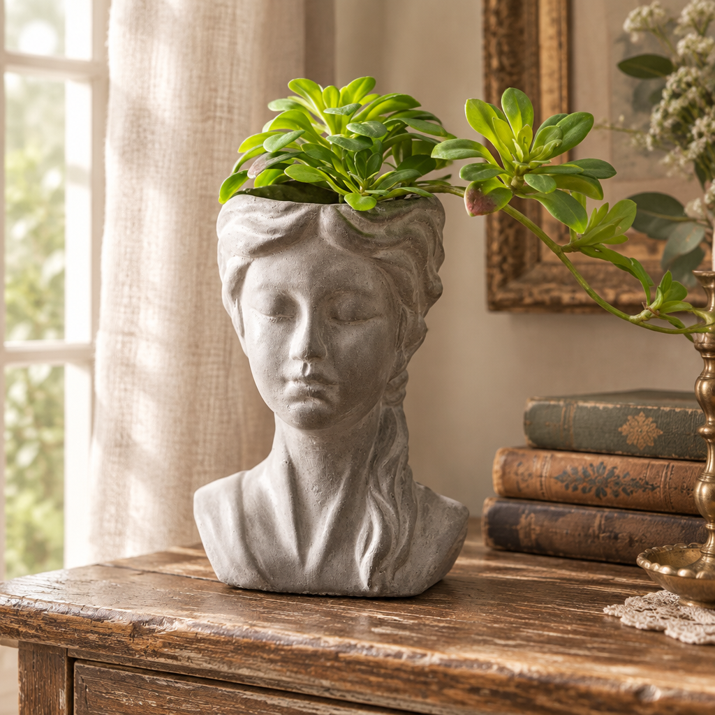 Braided girl cement planter with green foliage styled on a wooden console in a cottage interior.