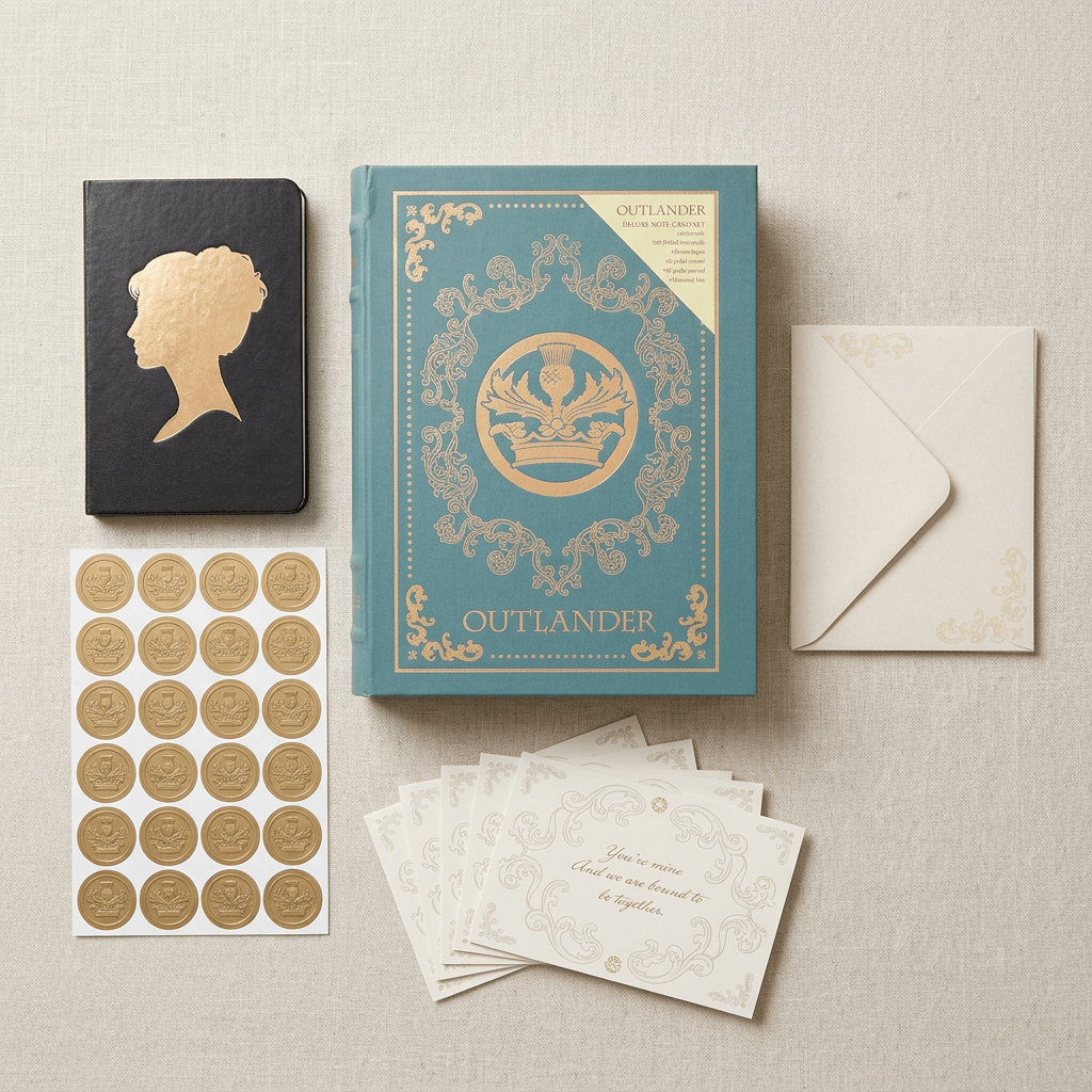 Overhead arrangement of Outlander keepsake book box, black journal, cream notecards, envelopes, and gold stickers on linen.