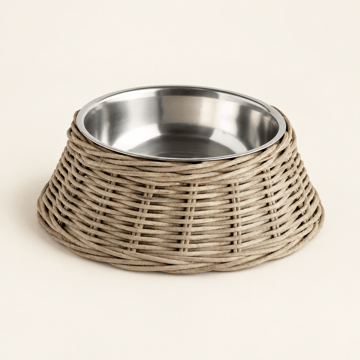 Large gray woven rattan pet bowl with stainless steel insert on an ivory studio surface.