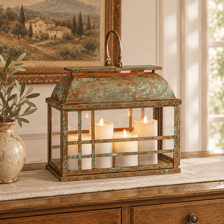 Weathered iron and glass lantern with white LED candles on a linen-draped indoor sideboard.