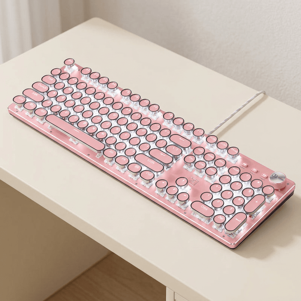 Pink wired mechanical keyboard with round keys, number pad and a pale rear cable on a cream writing desk.