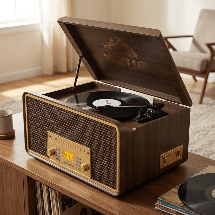 Espresso Monument wood music center with open turntable lid styled on a console in a warm listening room.