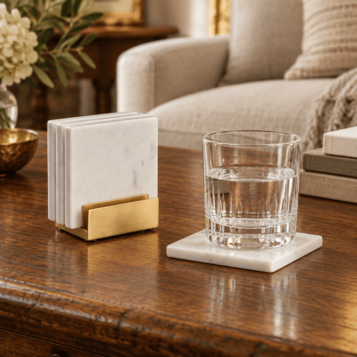 White marble coaster beneath a drinking glass beside matching coasters in a gold holder on a walnut coffee table.