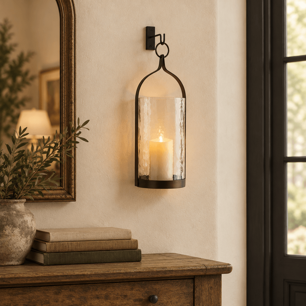 Steeple iron lantern hanging above an oak entry console with a styled LED flameless candle