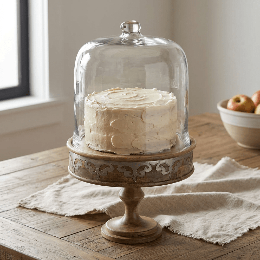Belvedere Cake Pedestal with Glass Dome displaying a buttercream cake on a wood table.
