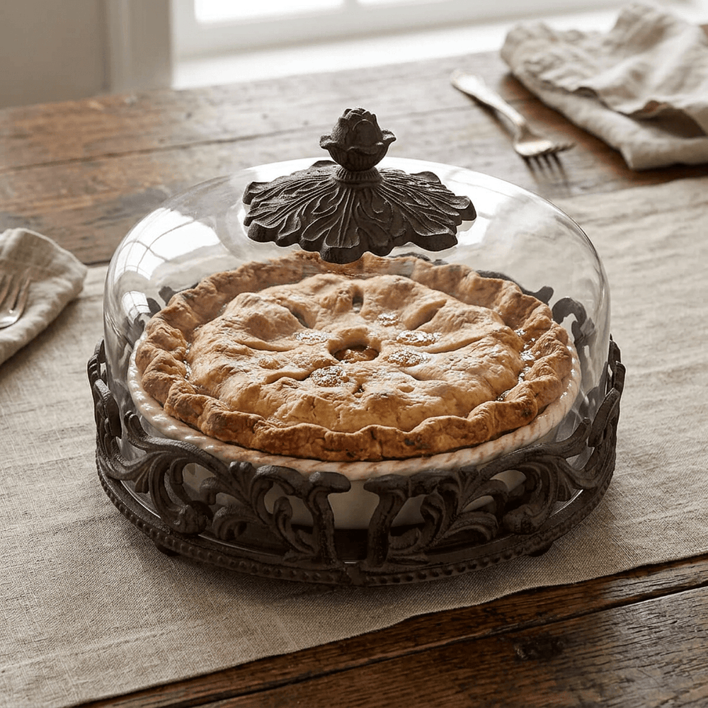 Bellavita Stoneware Pie Dish with Glass Dome displaying a rustic apple pie on a linen-covered wood table.