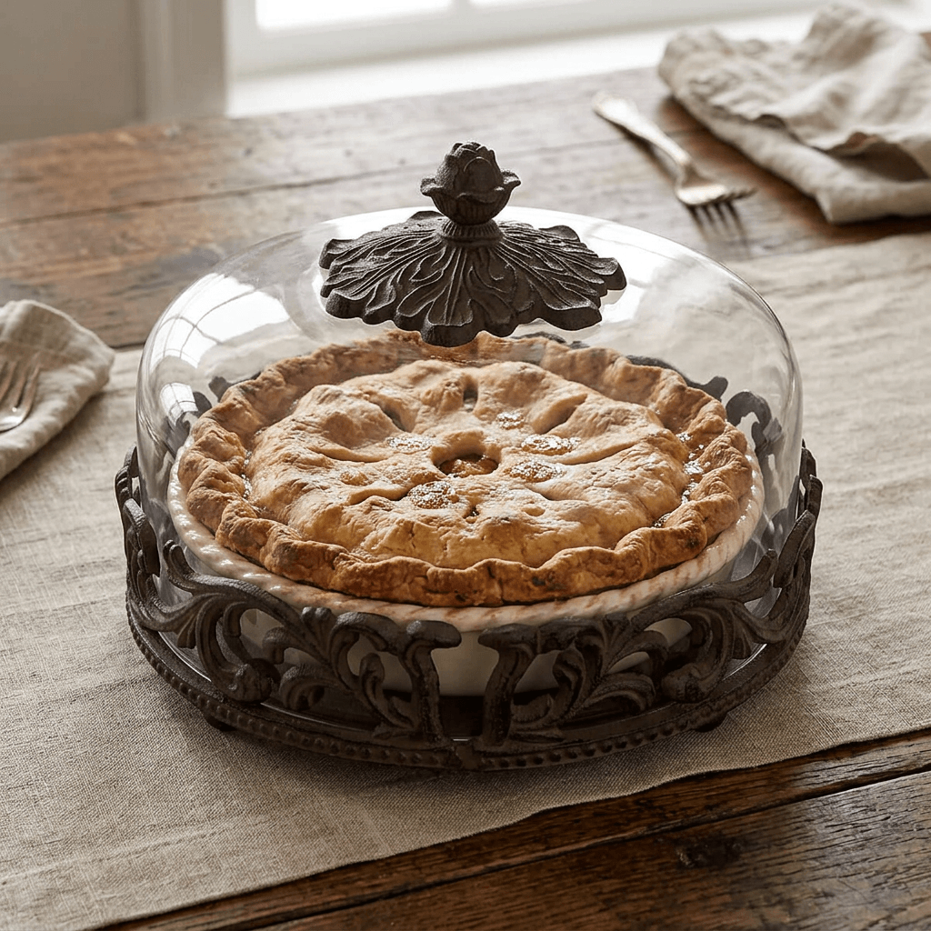 Bellavita Stoneware Pie Dish with Glass Dome displaying a rustic apple pie on a linen-covered wood table.
