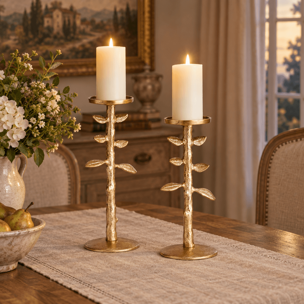 Two gold leafy candle stands styled with ivory pillar candles on a linen-draped dining table.
