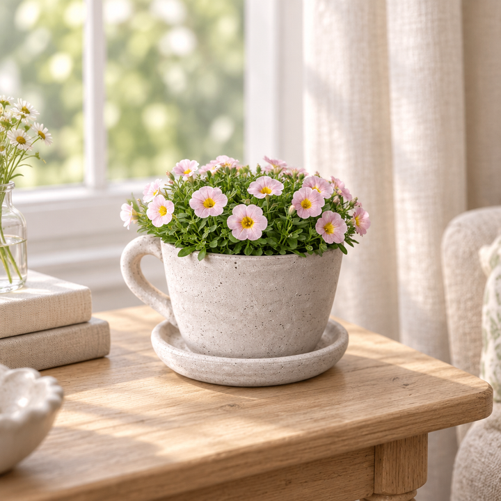 Speckled cement teacup planter styled with pink flowers on a light oak cottage side table