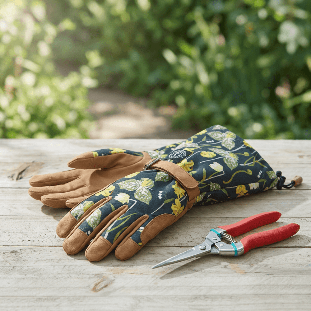 Woodland Garden navy botanical long-cuff gardening gloves and red-handled pruning shears arranged on a garden workbench.