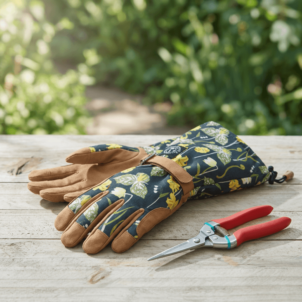 Woodland Garden navy botanical long-cuff gardening gloves and red-handled pruning shears arranged on a garden workbench.