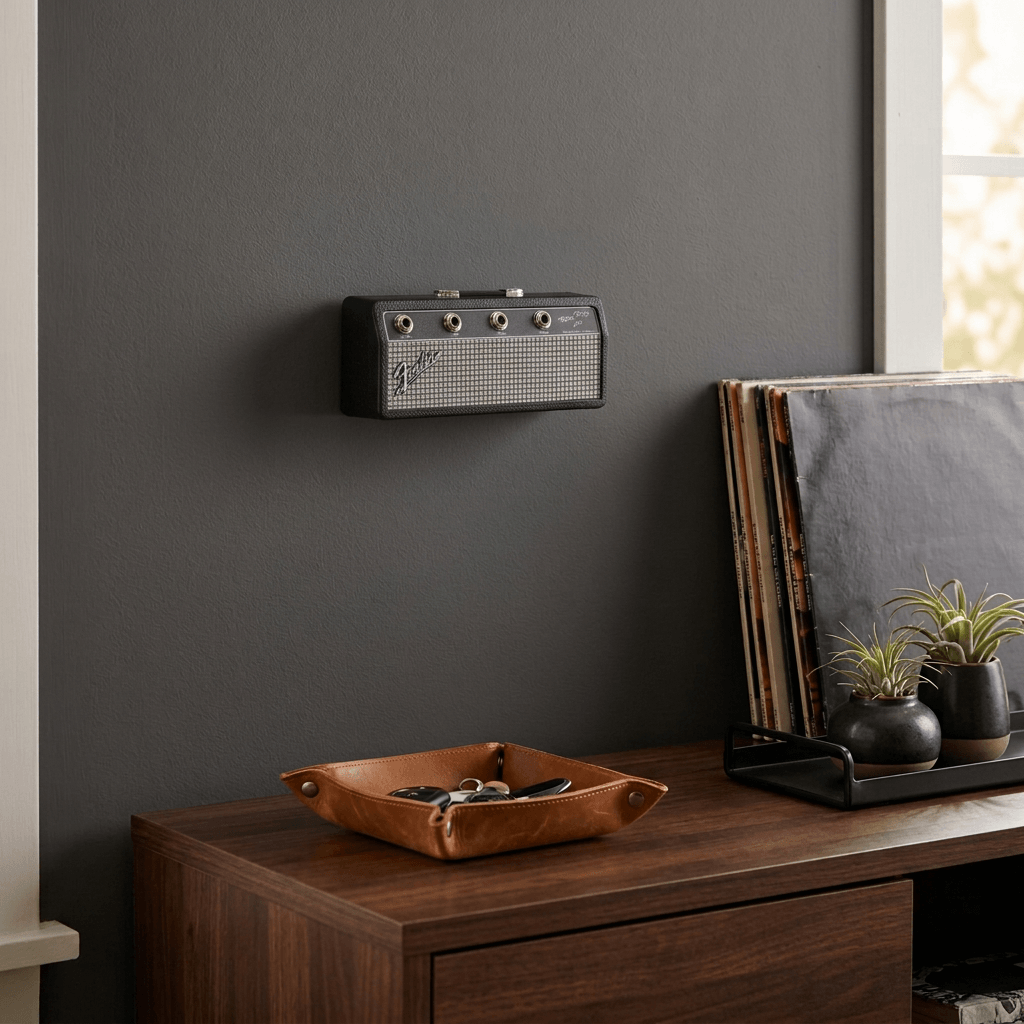 Fender amp key holder on a charcoal entryway wall above dark wood furniture with vinyl records and a leather catchall.