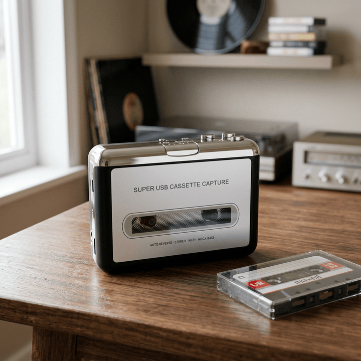 Portable USB cassette player styled on a walnut desk beside an audio cassette for scale; cassette is a photo prop.
