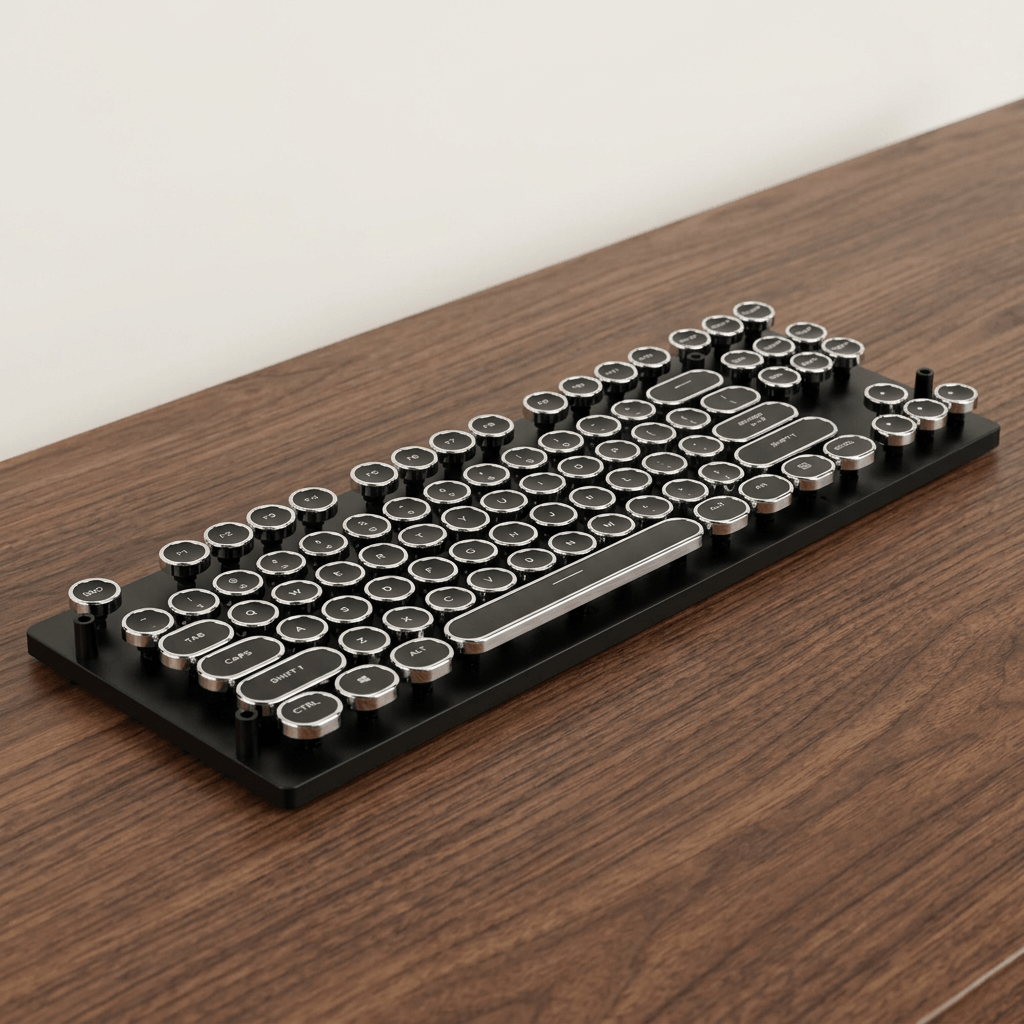 Black wired typewriter-style mechanical keyboard with silver-rimmed round keys on a walnut desk; cable out of view.
