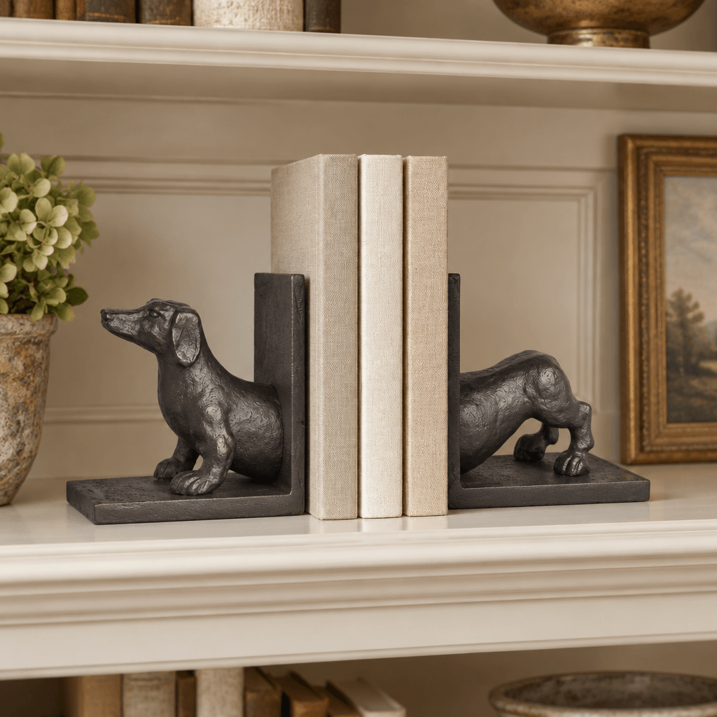 Black bronze dachshund bookend pair holding books on a cream library shelf.