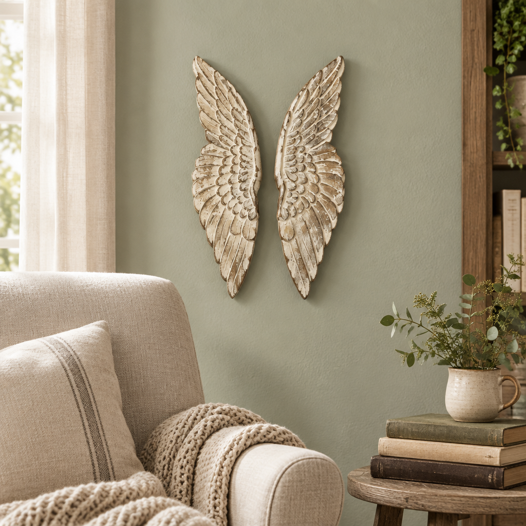 Pair of wooden angel wings on a sage wall beside a linen reading chair
