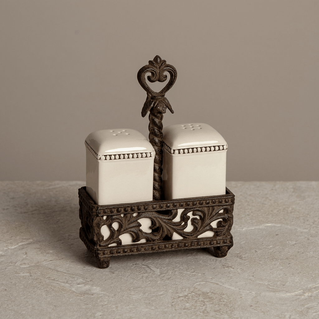 Bellavita salt and pepper set on a pale stone surface against a neutral taupe studio backdrop.