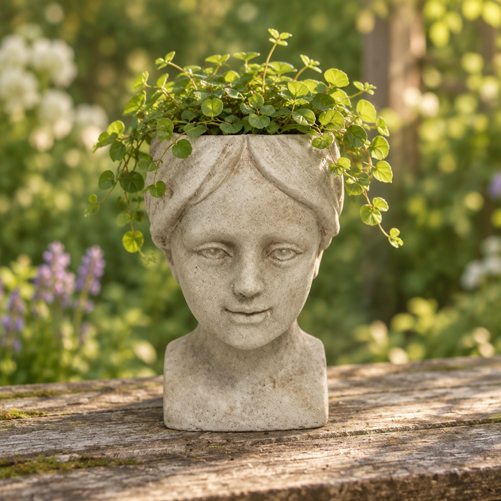 Cement Girl Head Planter with greenery on a wooden garden table