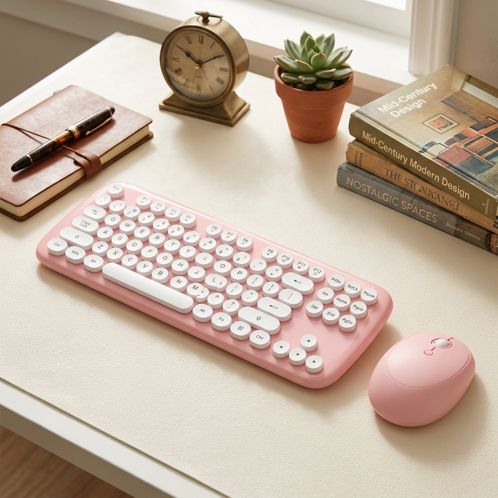 Pink MOFii wireless keyboard with white round keys and matching pink mouse styled on a cream desk.
