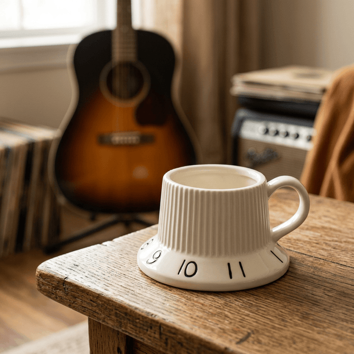 White ribbed guitar tone knob mug on an oak side table in a cozy music room.