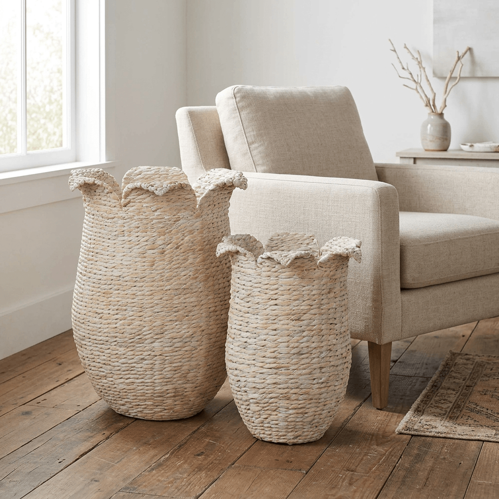 Petalweave whitewash storage baskets in two sizes beside a linen armchair in a light coastal living room.