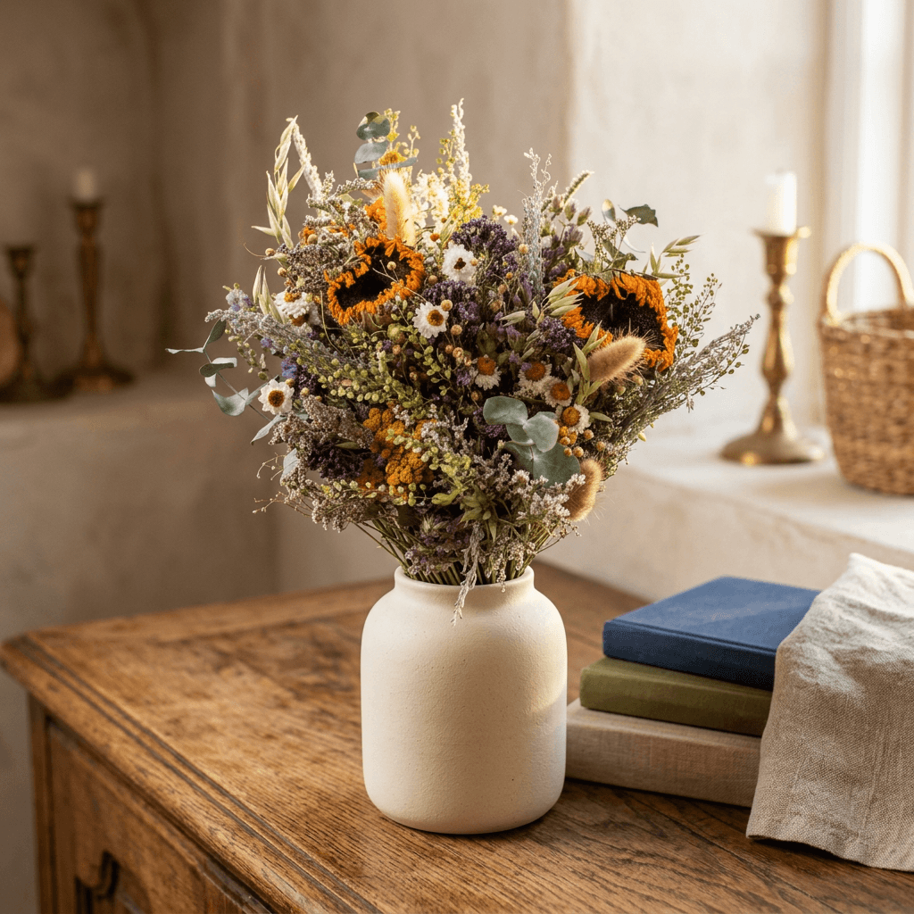Dried sunflower and eucalyptus bouquet arranged in a ceramic vase on a vintage wood console.