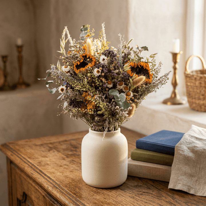 Dried sunflower and eucalyptus bouquet arranged in a ceramic vase on a vintage wood console.