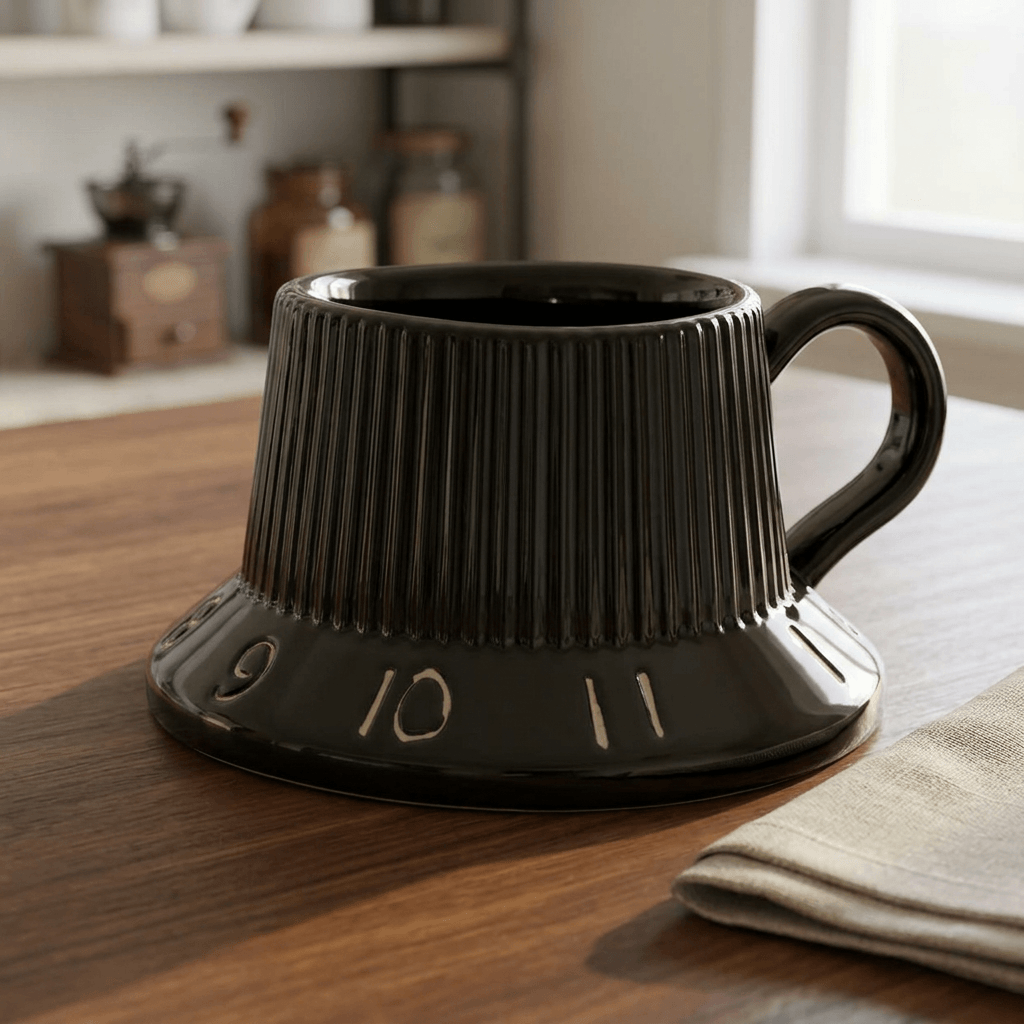 Glossy black guitar volume knob ceramic mug on a wood breakfast table with a linen napkin.