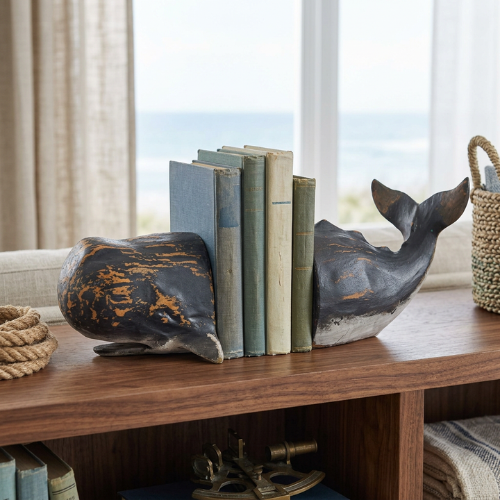 Distressed sperm whale head and tail bookends framing upright books on a walnut shelf