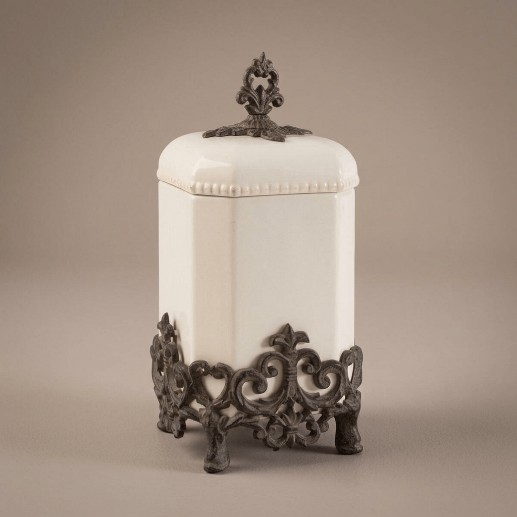 Bellavita cream stoneware canister with scrolling dark metal cradle and decorative lid finial against taupe.