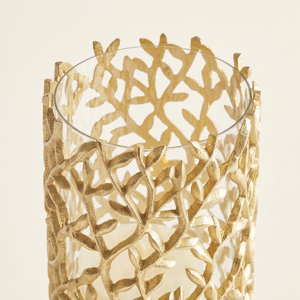 Close-up of gold aluminum leaves and vines surrounding the hurricane candle holder's clear glass rim.