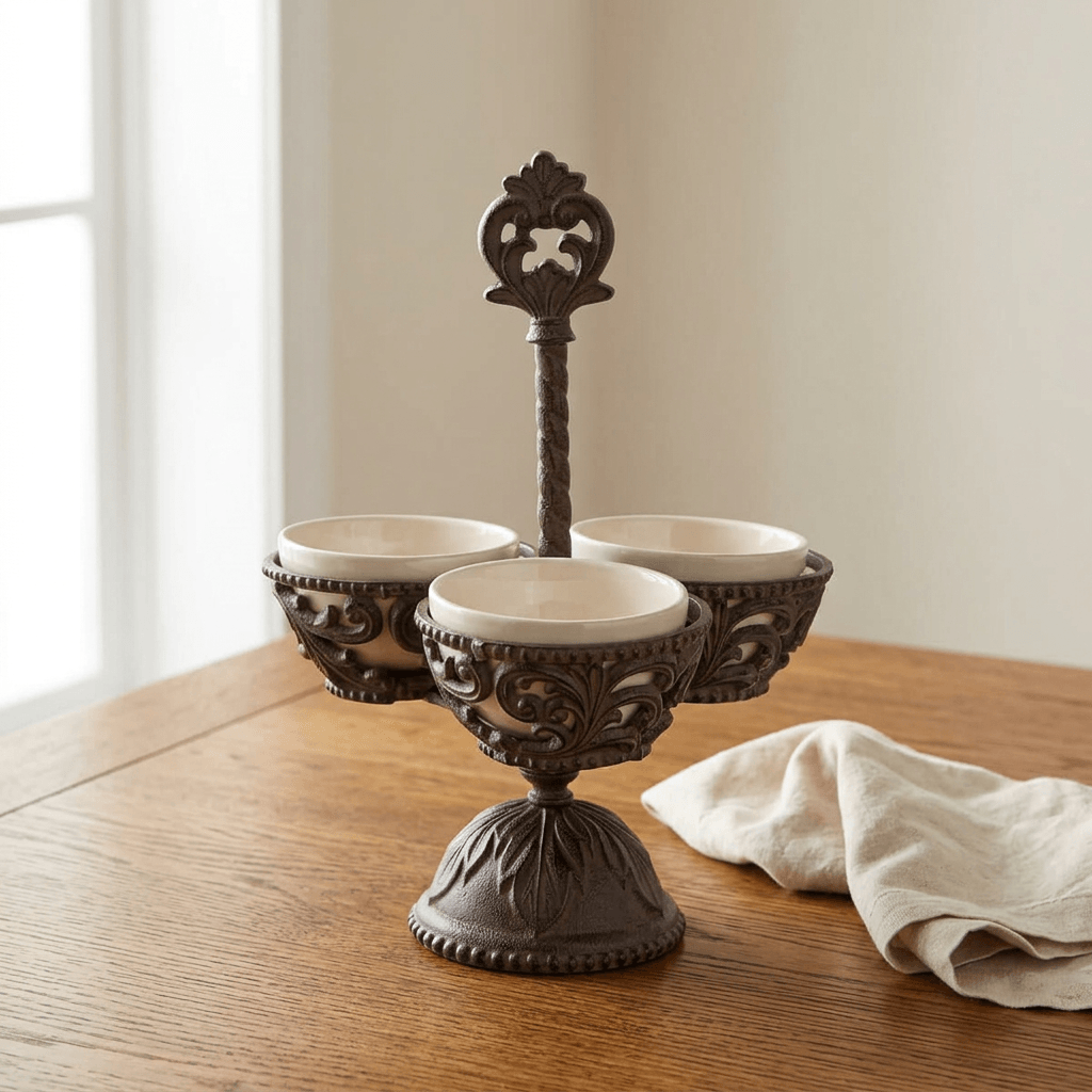 Bellavita three-bowl condiment server on an oak dining table beside cream linen.