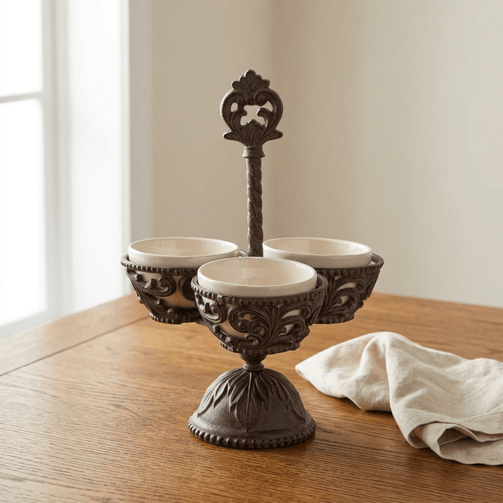 Bellavita three-bowl condiment server on an oak dining table beside cream linen.