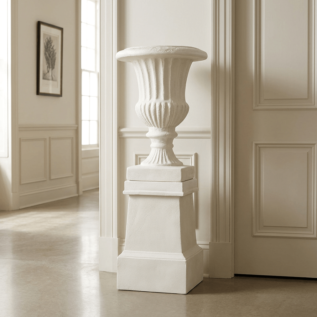 Ashbourne Fluted Urn Planter with Pedestal in Soft White, displayed full length in a light-filled paneled gallery hall.