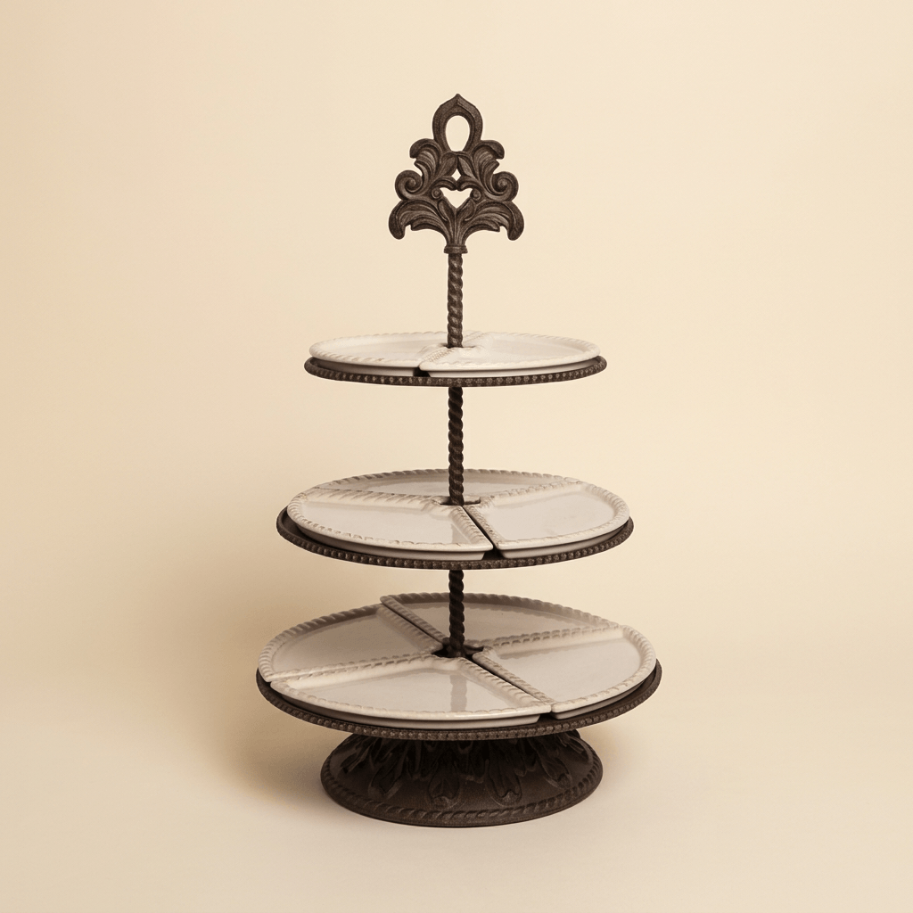 Bellavita three-tier server with cream ceramic serving dishes and ornate dark brown metal stand against an ivory backdrop