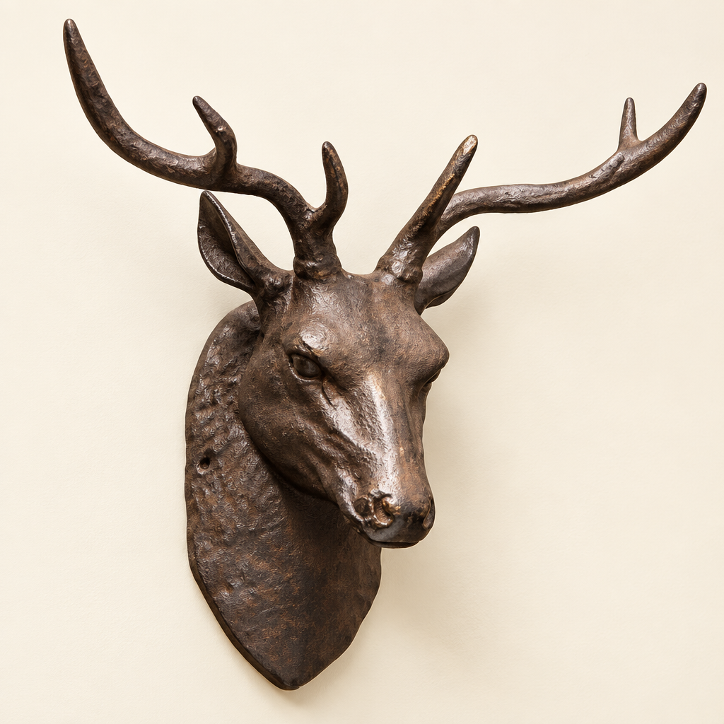 Dark cast iron stag head with sculpted antlers mounted on an ivory wall